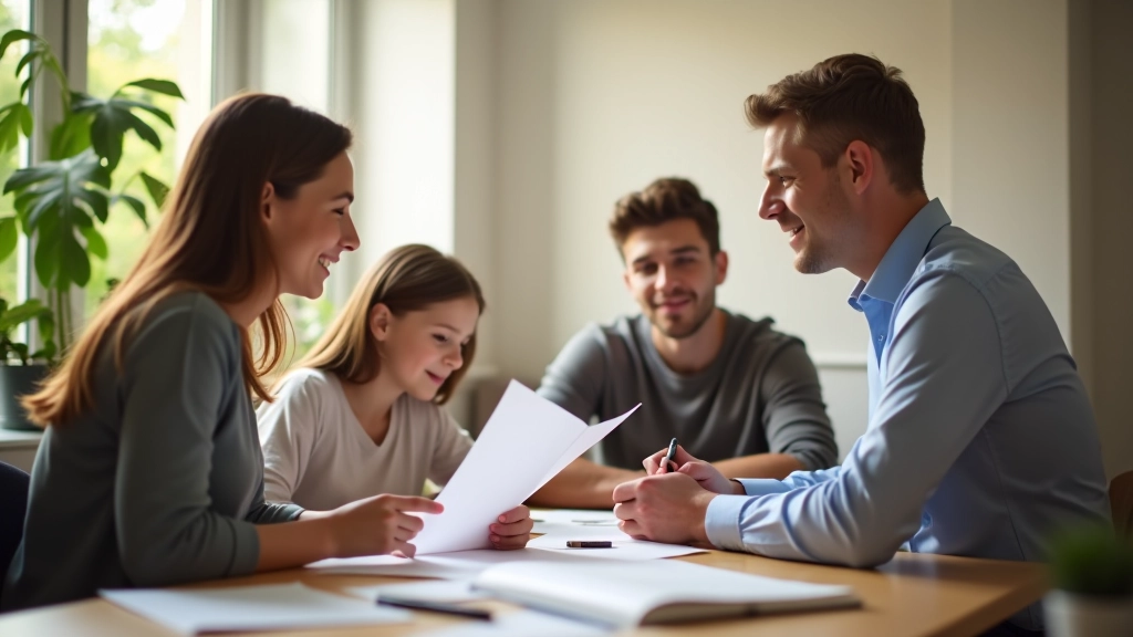 Rodina sedí u stolu s pojistným poradcem, který jim vysvětluje smlouvu