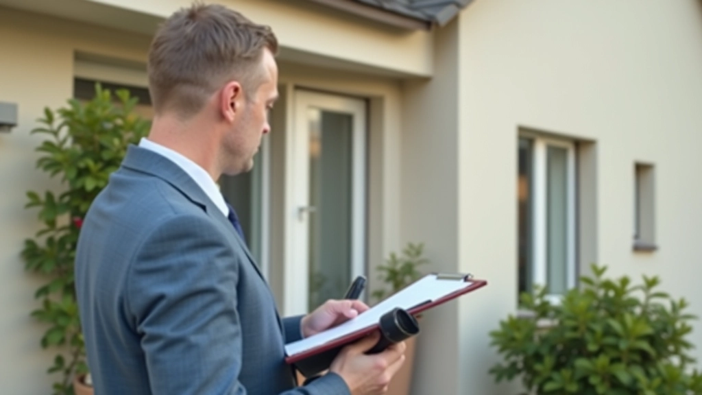 Pojistný inspektor kontroluje škodu na domě, fotografie a záznam údajů na místě